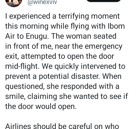 Man narrates terrifying moment a female passenger on an Enugu-bound plane attempted to open the door mid-flight