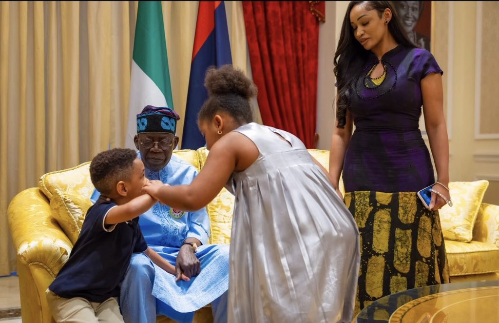 Lovely new photos of President Tinubu with his son, Seyi, daughter in-law Layal and their kids