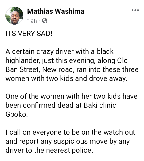 Hit-and-run driver crushes woman and her two children to death in Benue