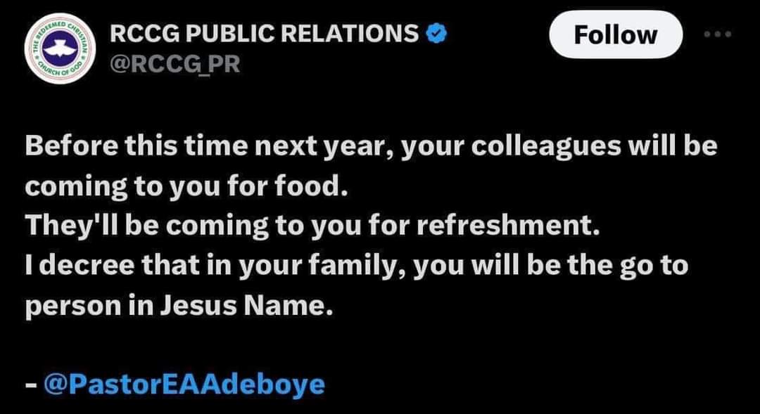 "Before this time next year, your colleagues will be coming to you for food. You will be the go to person in your family" RCCG deletes tweet after it sparked outrage on X (video)