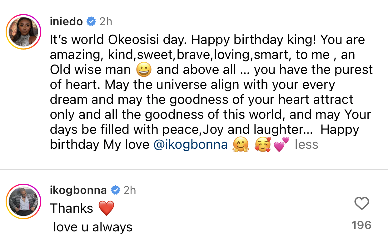 "Happy birthday, my love. Happy birthday, king!" - Actress Ini Edo showers encomium on her man, actor Ik Ogbonna, as he turns a year older today
