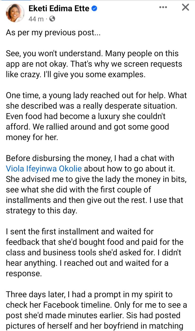Writer details incidents that caused her to be careful when helping the needy