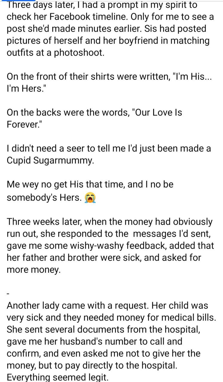 Writer details incidents that caused her to be careful when helping the needy