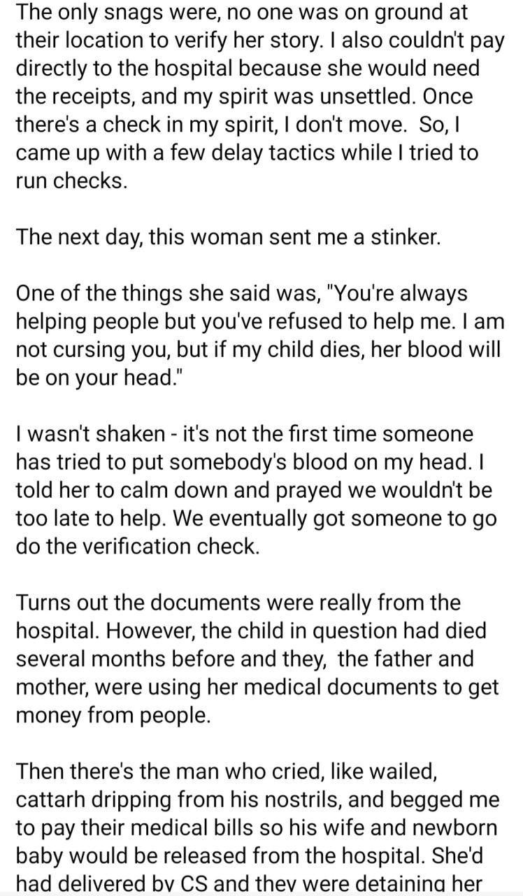 Writer details incidents that caused her to be careful when helping the needy