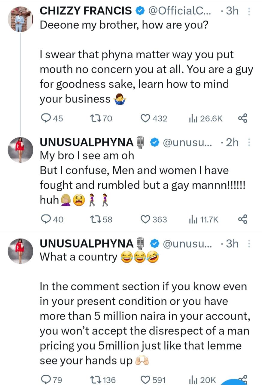 BBNaija star, Phyna calls Dee One a "gay man" after he doubted her claim that she rejected N5 million from an admirer who wanted to sleep with her