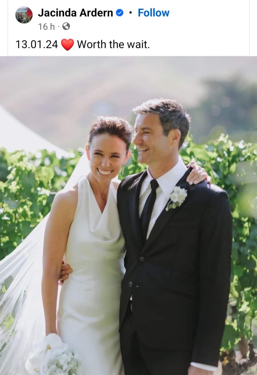 "Worth the wait" Former New Zealand Prime Minister Jacinda Arden, 43, writes as she weds  her longtime partner