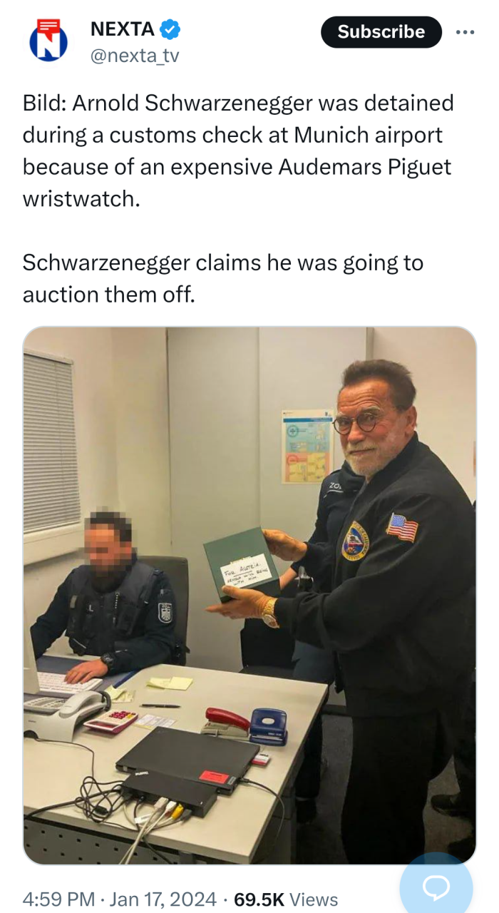 Arnold Schwarzenegger is detained at airport in Germany and interrogated after he failed to declare an Audemars Piguet watch in his bag
