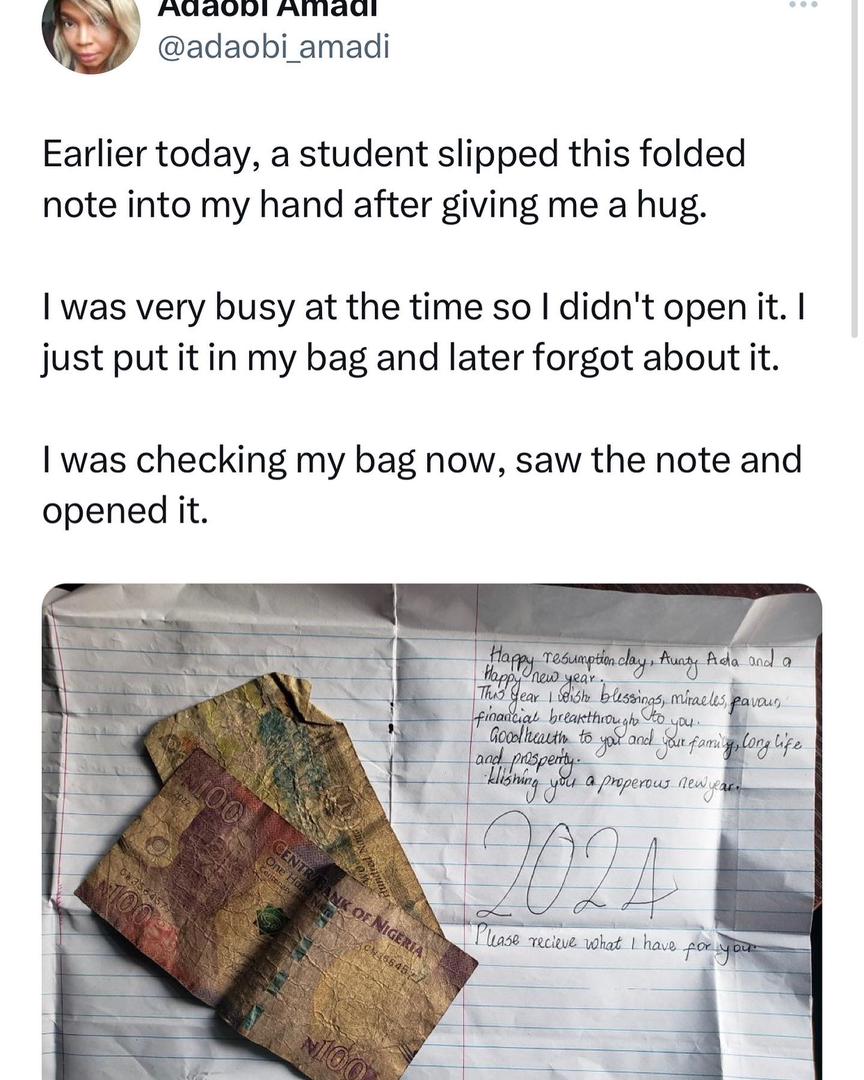 Nigerian teacher shares the heartwarming note and money her pupil gave to her upon resumption of school