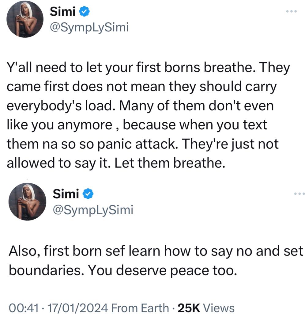 Y?all need to let firstborns rest - Singer Simi appeals to younger siblings