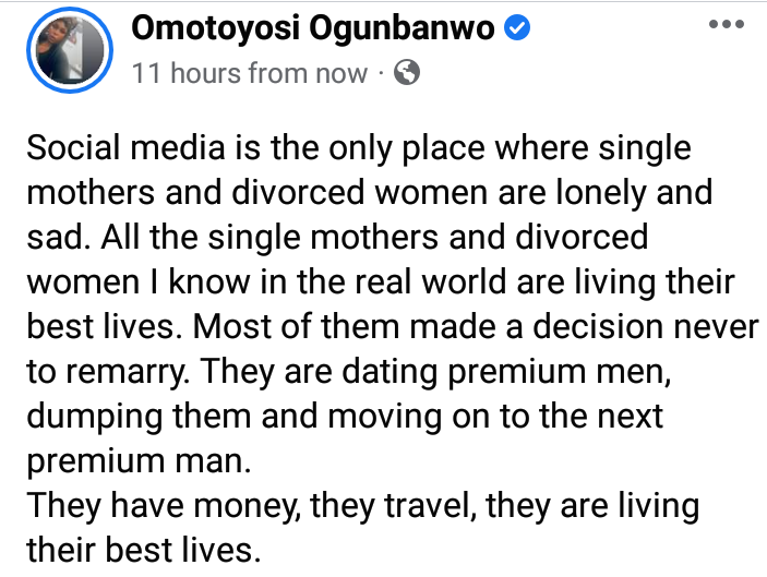 Nigerian lady addresses men who say single mothers and divorced women are’ lonely and sad’