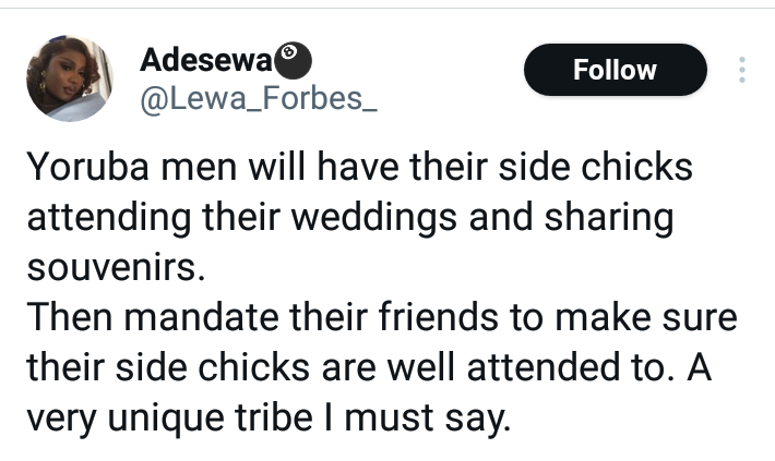 Yoruba men will have their side chicks attending their weddings and sharing souvenirs – Nigerian lady says