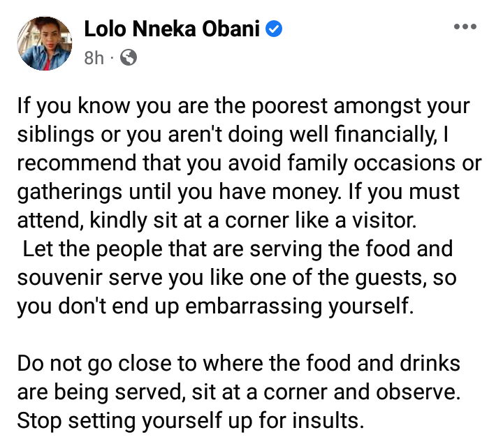 If you are the poorest amongst your siblings or not doing well financially, avoid family gatherings until you have money – Nigerian lady says