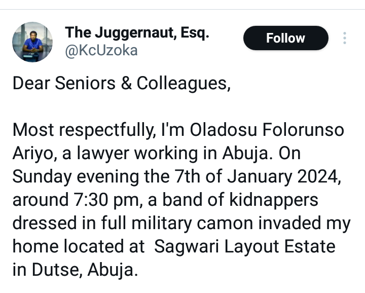 Lawyer narrates how kidnappers dressed in military camouflage abducted his wife, their four children and killed 13-year-old daughter in Abuja