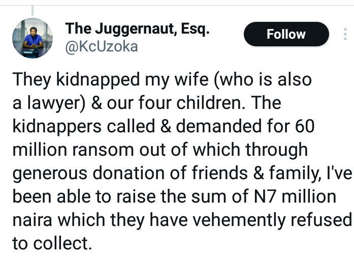 Lawyer narrates how kidnappers dressed in military camouflage abducted his wife, their four children and killed 13-year-old daughter in Abuja