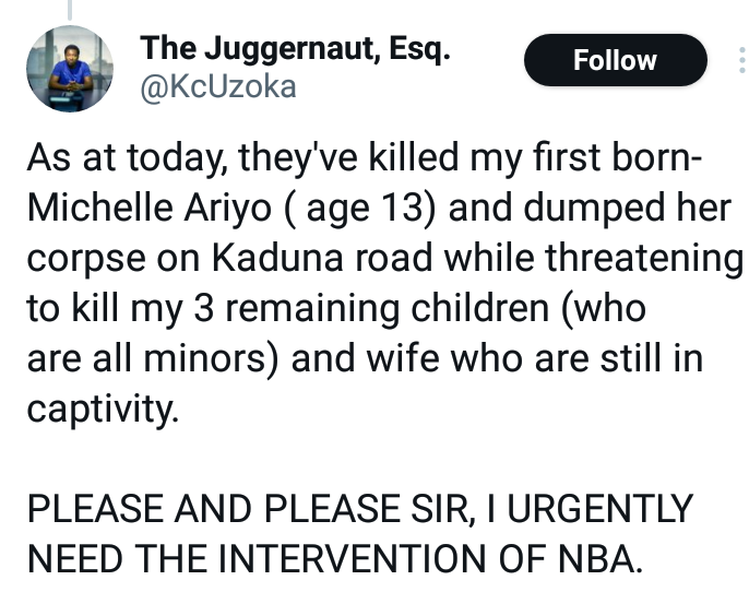 Lawyer narrates how kidnappers dressed in military camouflage abducted his wife, their four children and killed 13-year-old daughter in Abuja