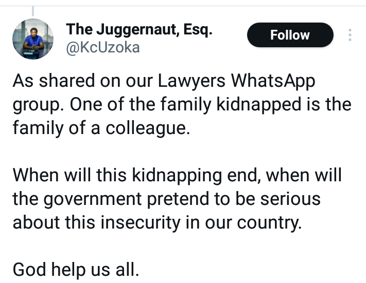 Lawyer narrates how kidnappers dressed in military camouflage abducted his wife, their four children and killed 13-year-old daughter in Abuja