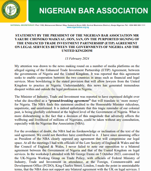NBA kicks against Nigeria-UK trade deal that will allow UK lawyers to practise in Nigeria