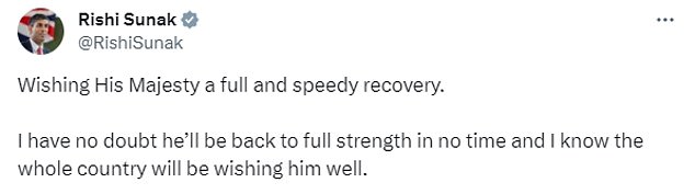 UK Prime Minister Rishi Sunak wishes King Charles 