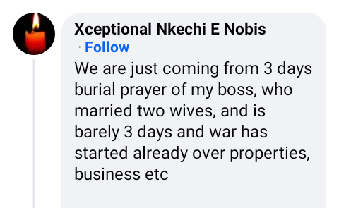 It’s barely 3 days and war has started over properties – Nigerian lady reveals after attending burial of her boss who married two wives