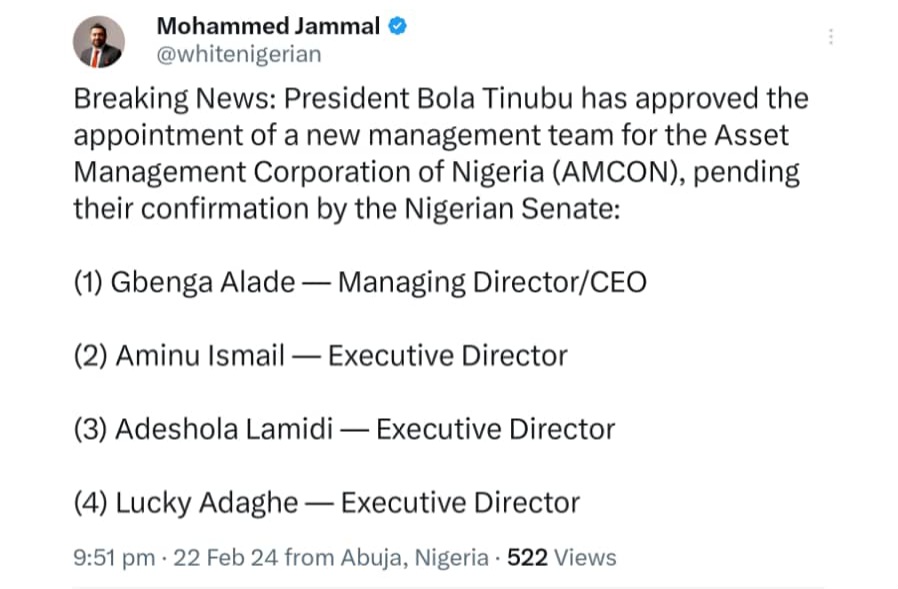 Tinubu appoints new AMCON CEO, names three executive directors