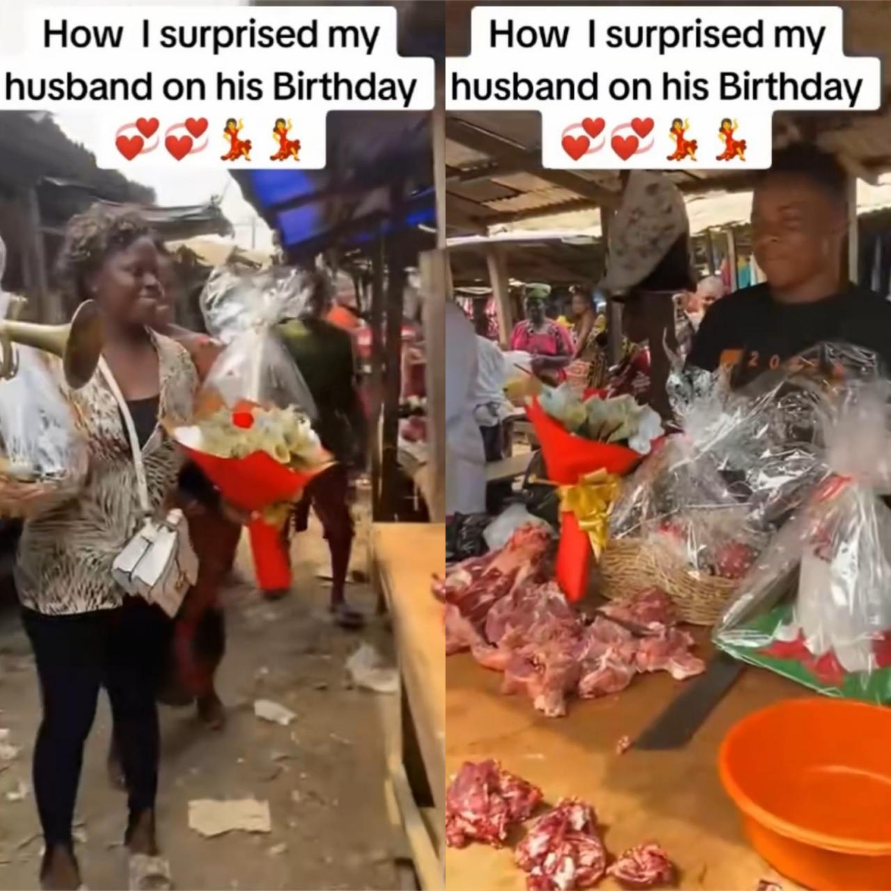 Meat seller moved to tears as his wife surprises him at his stall on his birthday