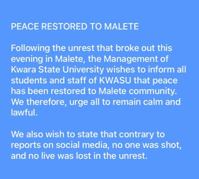 Peace restored to Malete - Management of Kwara State University says after raid by NDLEA