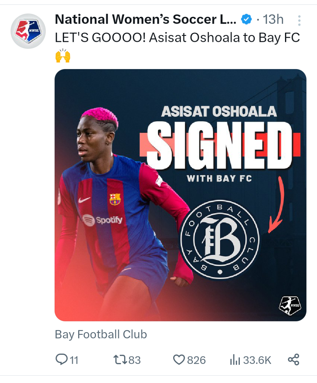 OFFICIAL: Asisat Oshoala leaves Barcelona to join US Soccer League Club Bay FC