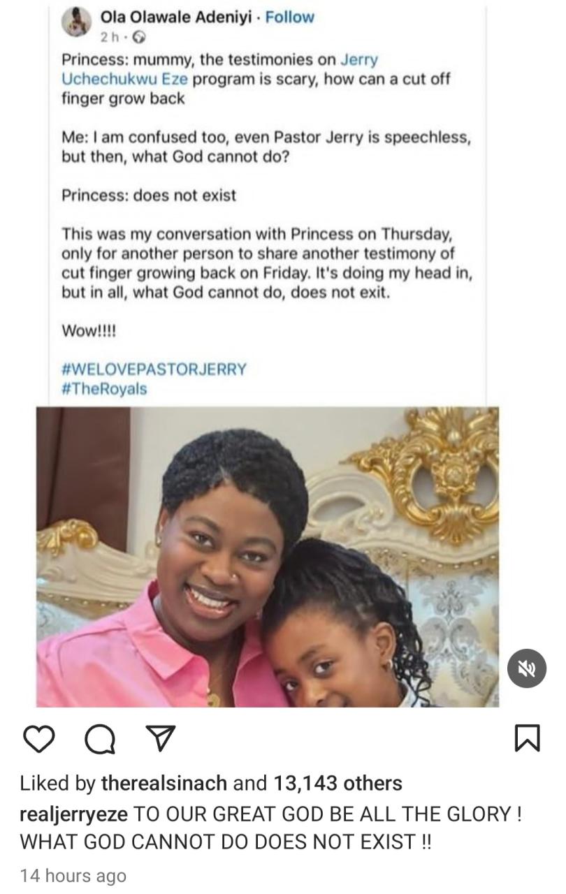 Clergyman, Jerry Eze reacts after a little girl questioned a testimony by a member who said their chopped off finger grew back