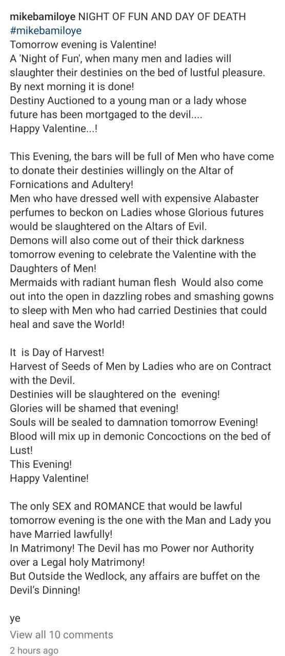 "Many would sleep on the same bed tonight with ghosts and spirits" Mike Bamiloye warns those celebrating Valentine
