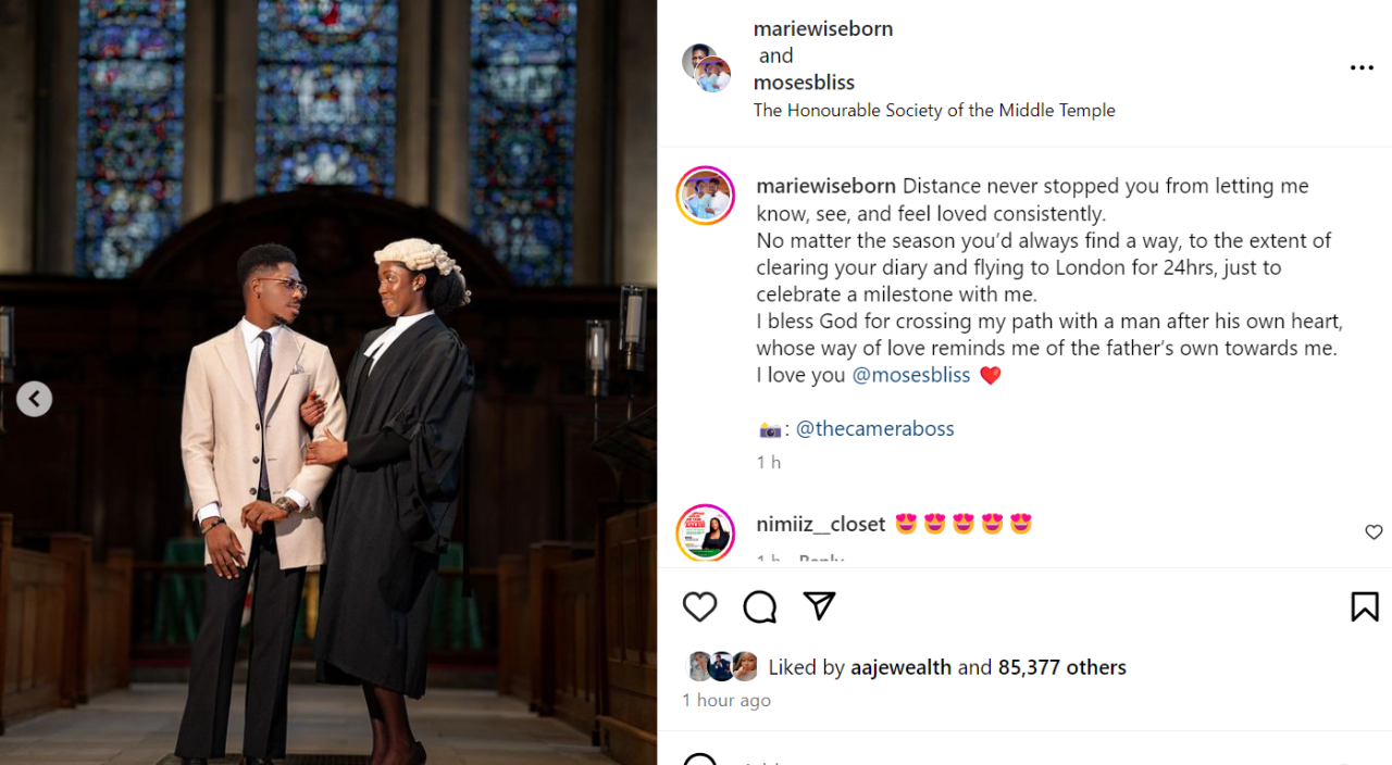Thank you for flying to London for 24 hours just to celebrate a milestone with me – Moses Bliss’ fiancee Marie thanks him as she gets called to bar in England