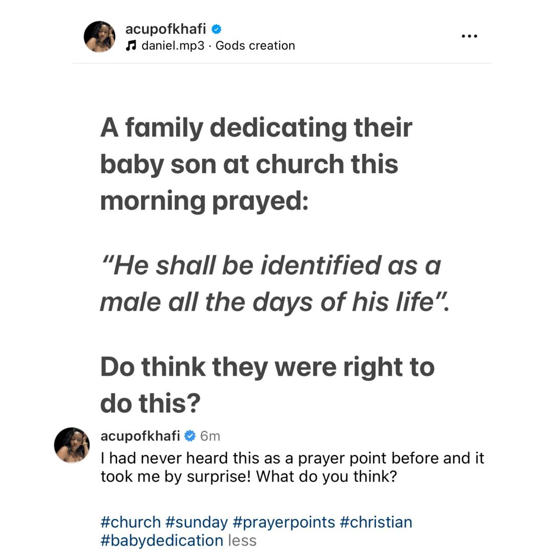 Reality TV star, Khafi, shares the unique prayer a couple prayed while dedicating their son in church