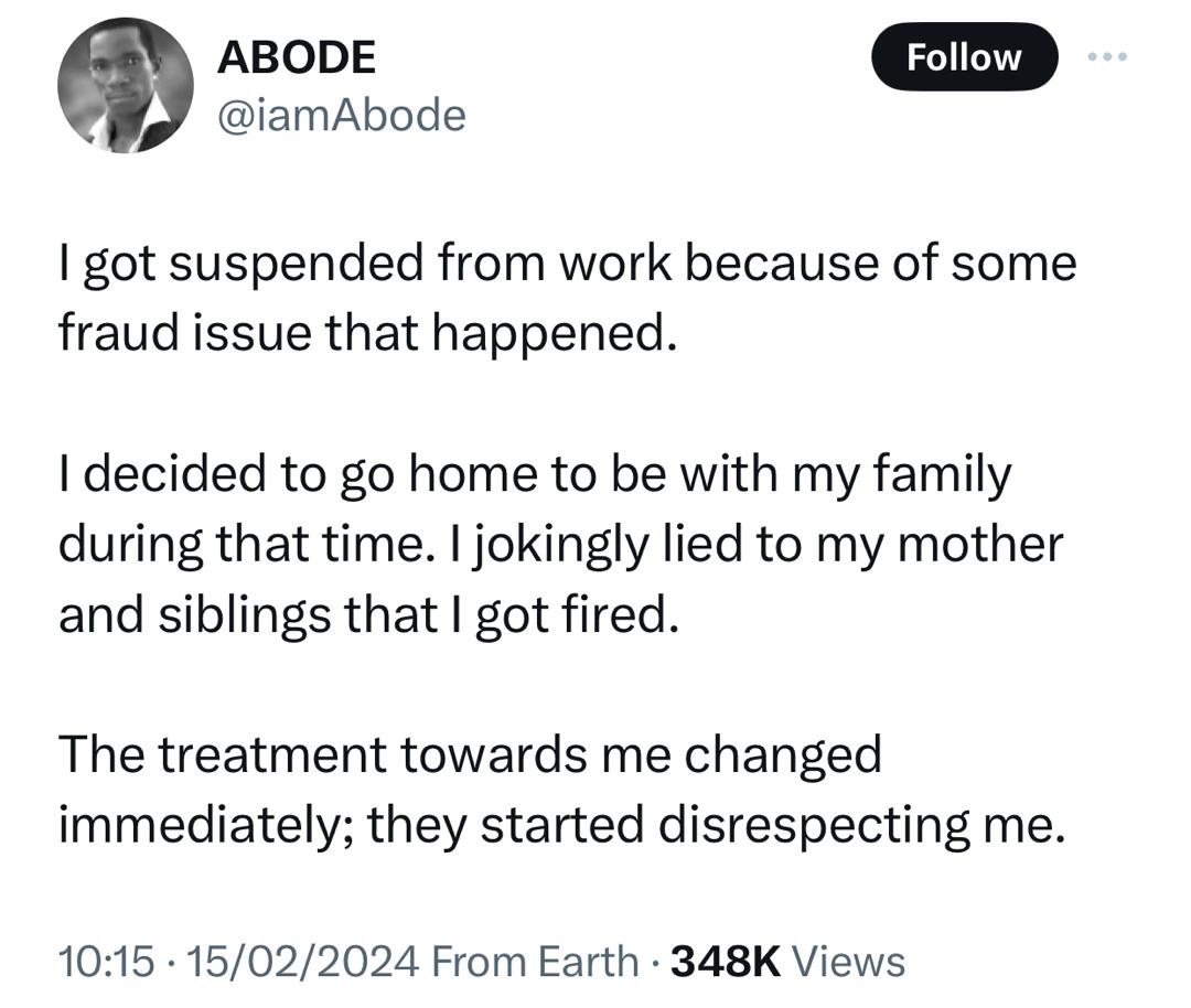 It took my suspension to finally see that they only want me when I provide something - Nigerian man says after his mum and sisters turned against him