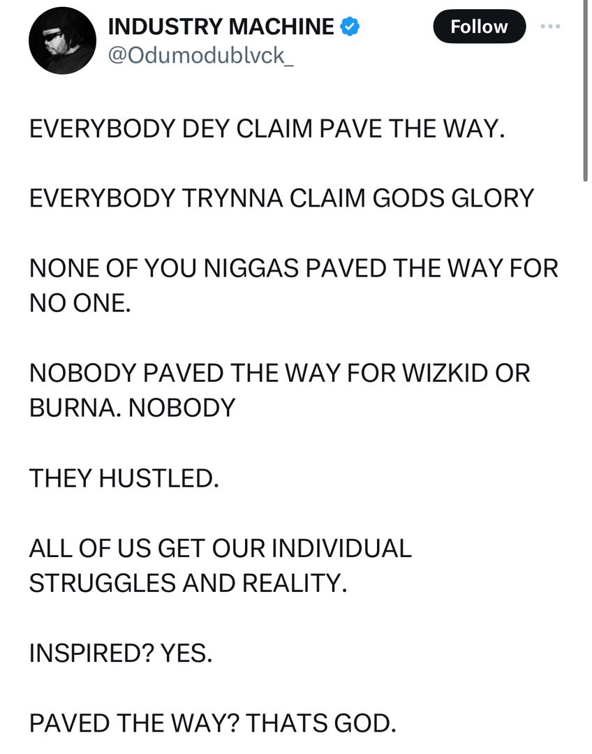 None of you paved the way for anyone, God did - Singer Odumofu Blvck tells Eedris Abdulkareem, others