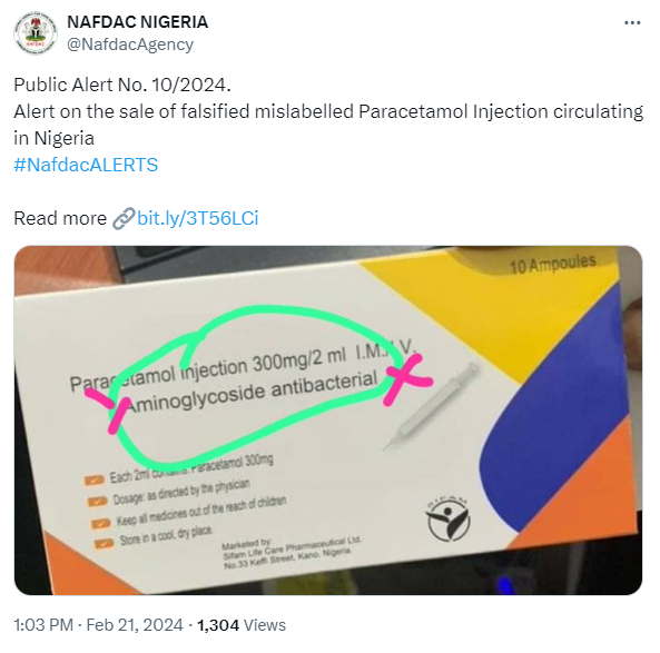 Falsified mislabelled Paracetamol Injection circulating in Nigeria - NAFDAC alerts Nigerians