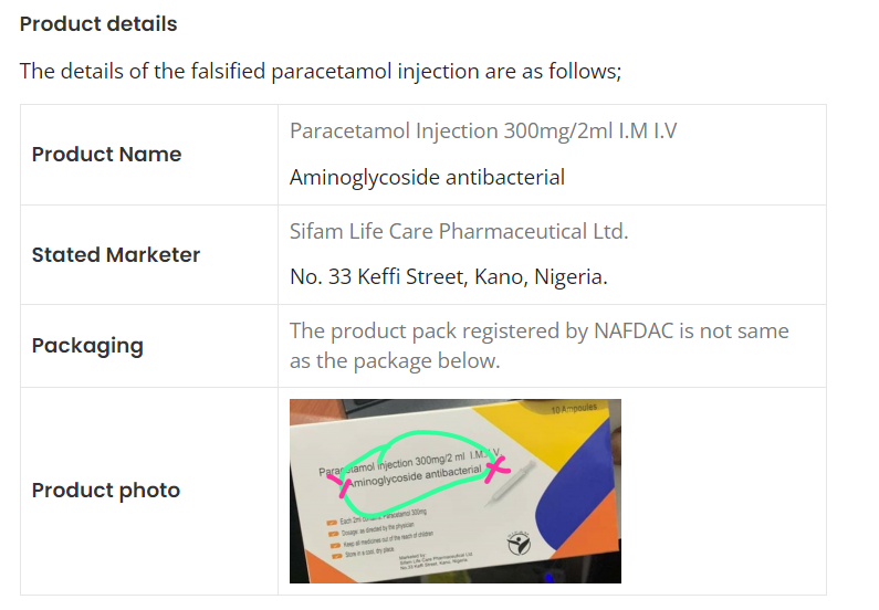 Falsified mislabelled Paracetamol Injection circulating in Nigeria - NAFDAC alerts Nigerians