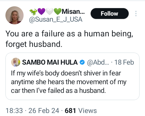 American woman slams Nigerian man for saying he has failed as a husband if his wife’s body doesn’t shiver in fear anytime she hears the sound of his car