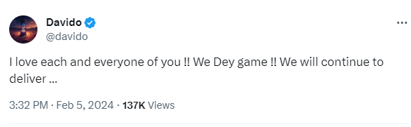 We will continue to deliver - Davido writes after losing three nominations at the Grammys