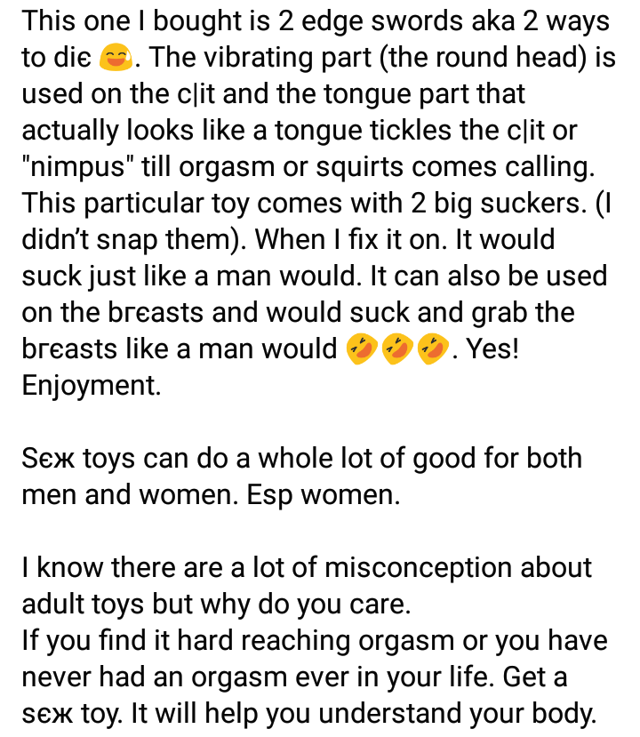 It has opened the gate of heavens in my life - Nigerian lady hails her s*x toy