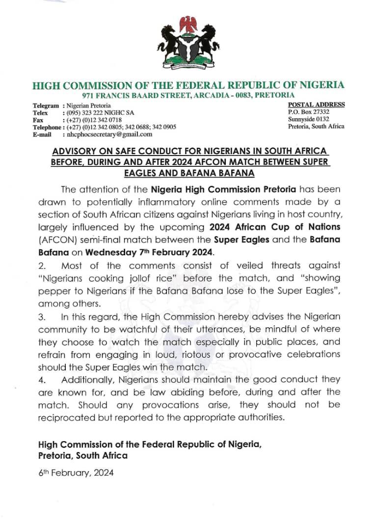 AFCON: Nigerian High Commission issues security advisories to Nigerians in South Africa ahead of Super Eagles and Bafana Bafana match