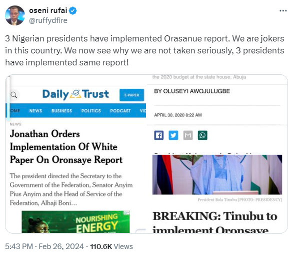 3 Nigerian presidents have implemented Oronaye report. We are jokers in this country – Arise TV’s Rufai Oseni