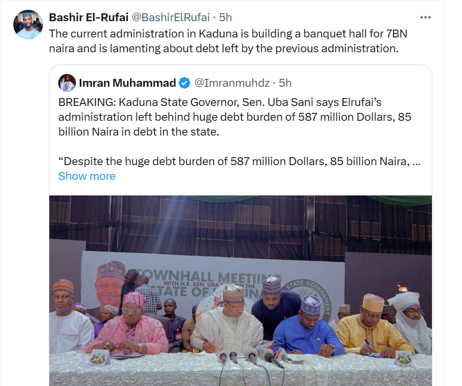 Bashir El-Rufai tackles Governor Uba Sani for complaining about his father leaving behind a huge debt burden of 7m and N85bn debt