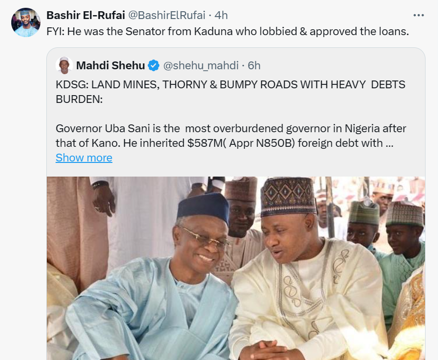 Bashir El-Rufai tackles Governor Uba Sani for complaining about his father leaving behind a huge debt burden of 7m and N85bn debt