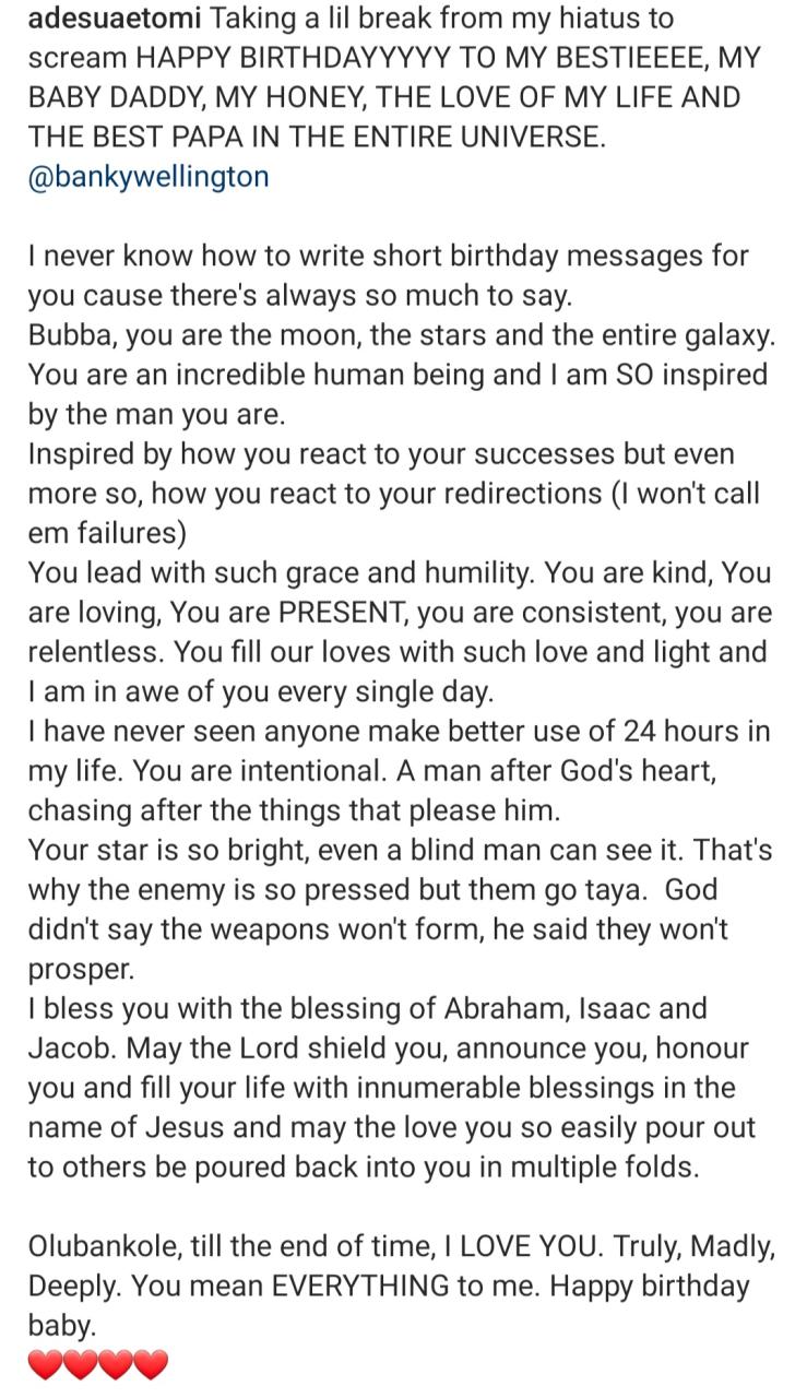 Adesua Etomi pens touching note to celebrate Banky W on his birthday