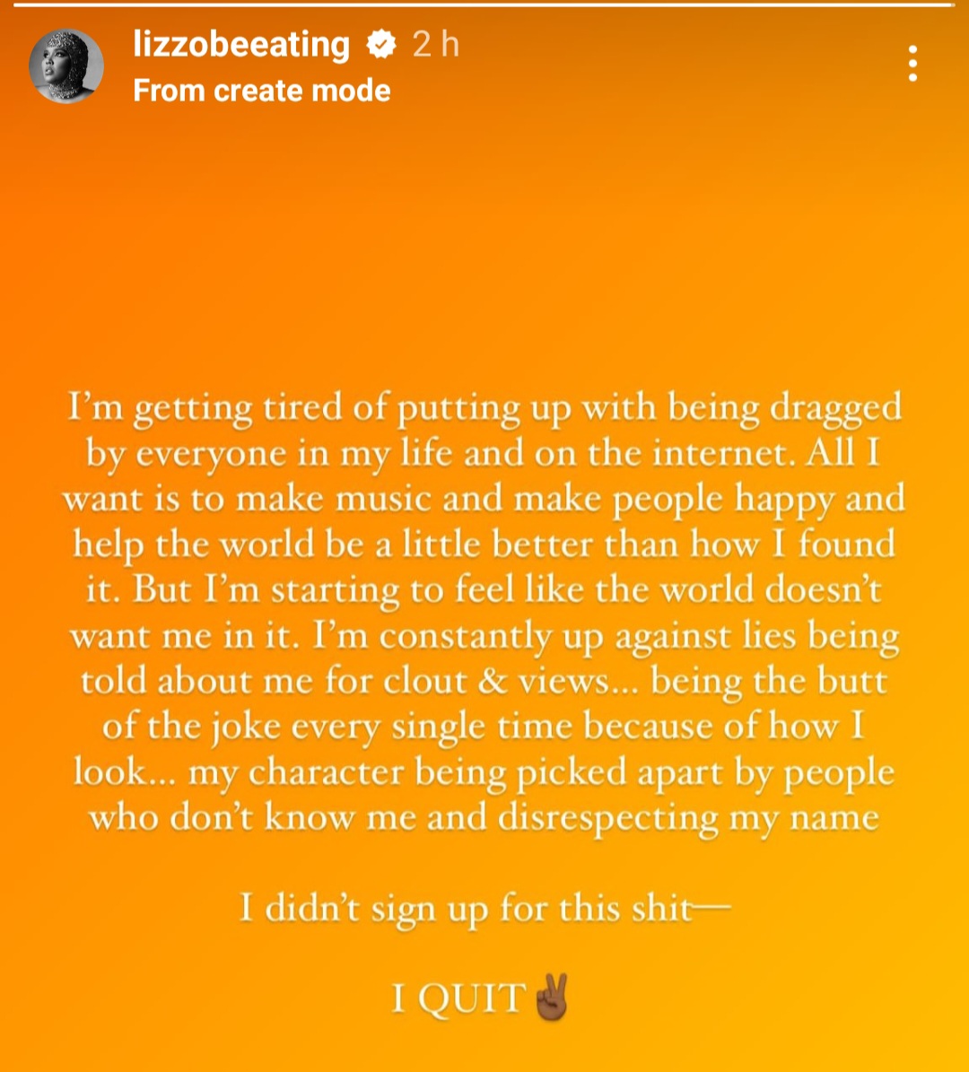 "I quit" singer Lizzo makes sad career announcement as she says "the world doesn