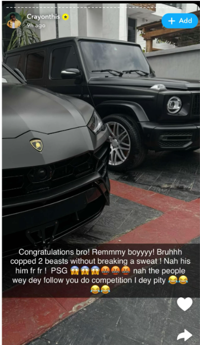 Singer Crayon shows off two new cars his colleague Rema bought