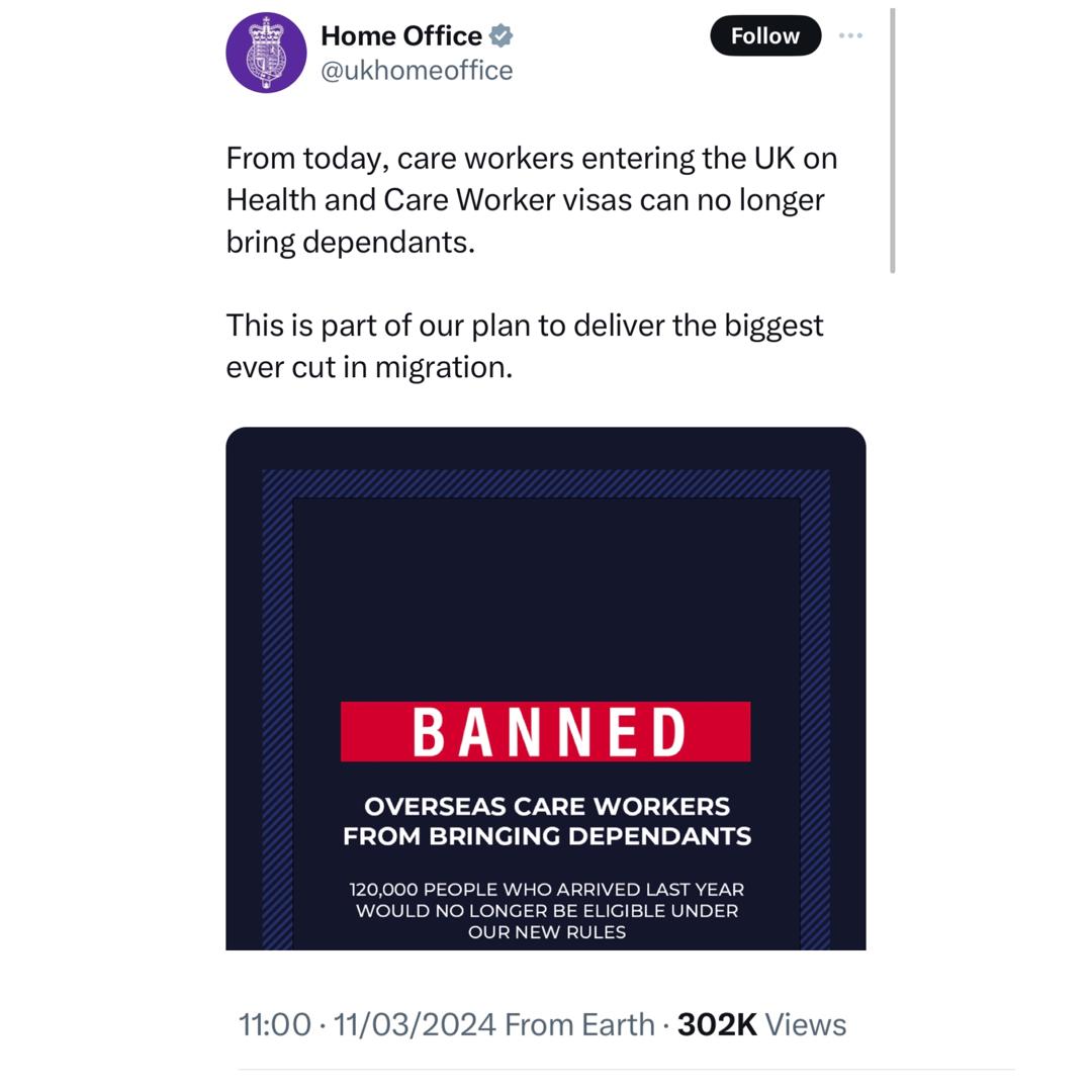 UK bans overseas health workers from bringing dependants