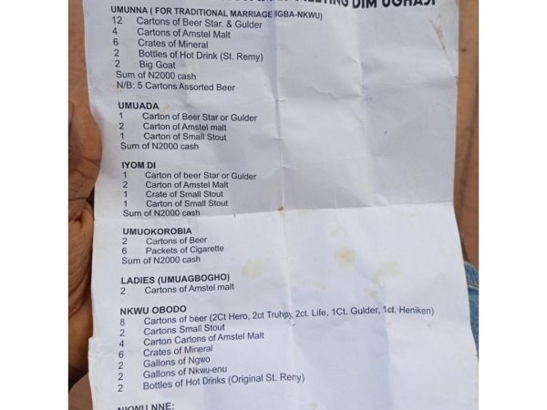 This is pure greed – Nnewi man says as he receives marriage list from his bride’s family ahead of their traditional wedding