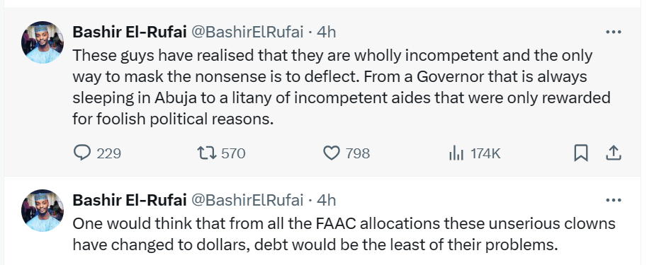 Bashir El-Rufai tackles Governor Uba Sani for complaining about his father leaving behind a huge debt burden of 7m and N85bn debt