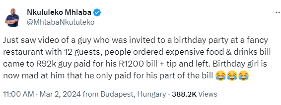 Lady enraged after her boyfriend who she threw a surprise birthday dinner paid for his own meal and left the remaining bill unpaid