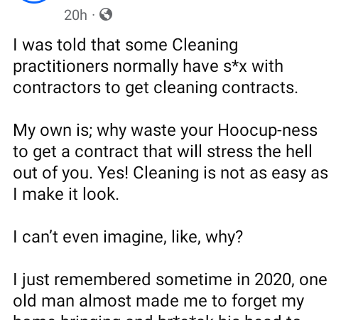 Some cleaning practitioners normally have s*x with contractors to get cleaning contracts – Nigerian professional cleaner claims